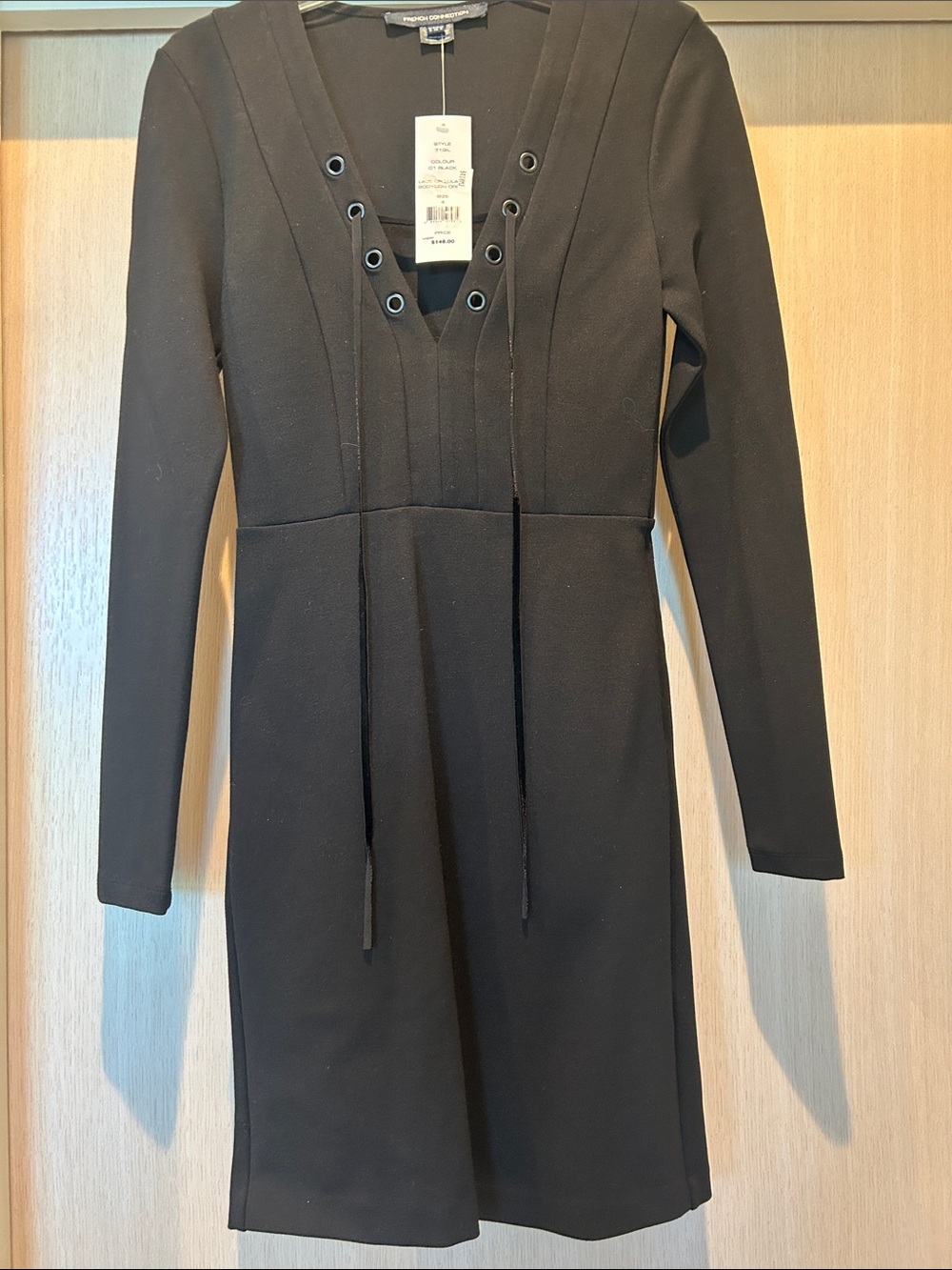 French Connection Black Lace-Up V-Neck Long Sleeve Ponte Dress